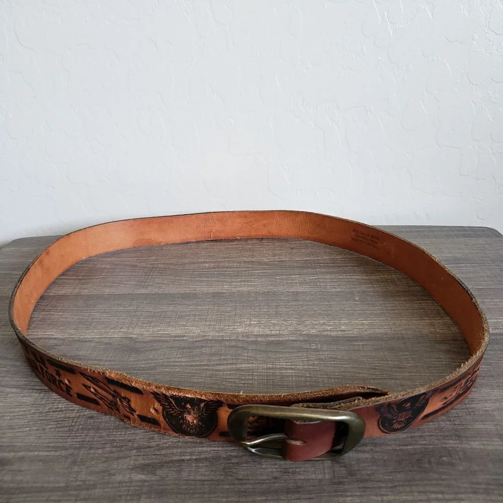 Tooled Genuine Leather U.S. Airforce Belt Jets Eagle Brown Made in USA Mens L/XL